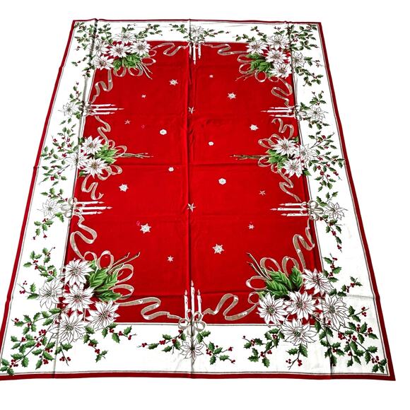 Vintage 50's Christmas tablecloth flaws stains holes cutter cloth for crafts? - Picture 3 of 12